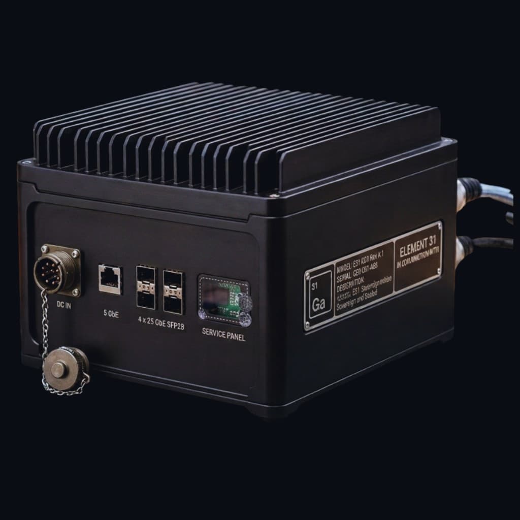 Element 31 appliance — sealed chassis with finned passive heatsink and front I/O panel.